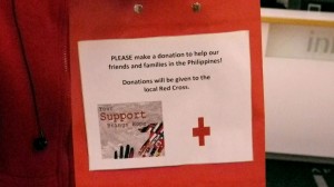 BELLEVILLE–Bags used to collect money for Typhoon Haiyan. Photo by Riley Maracle