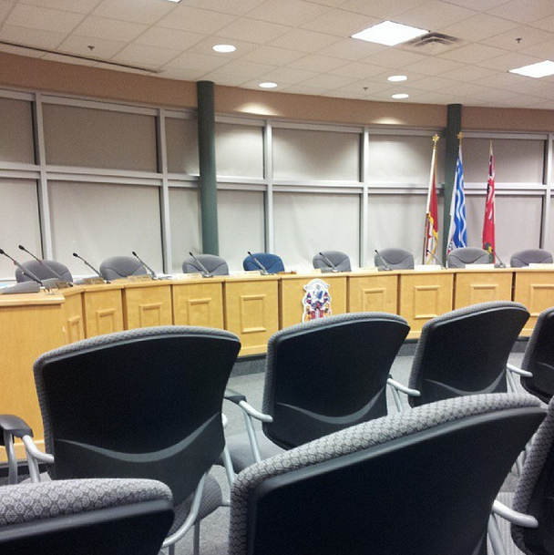 Empty for now - Quinte West's council room before the councillors enter. Last time Quinte West tried to vote on this building, the councillors felt as if the public should have the chance to speak on the subject. Photo by Shelby Wye.