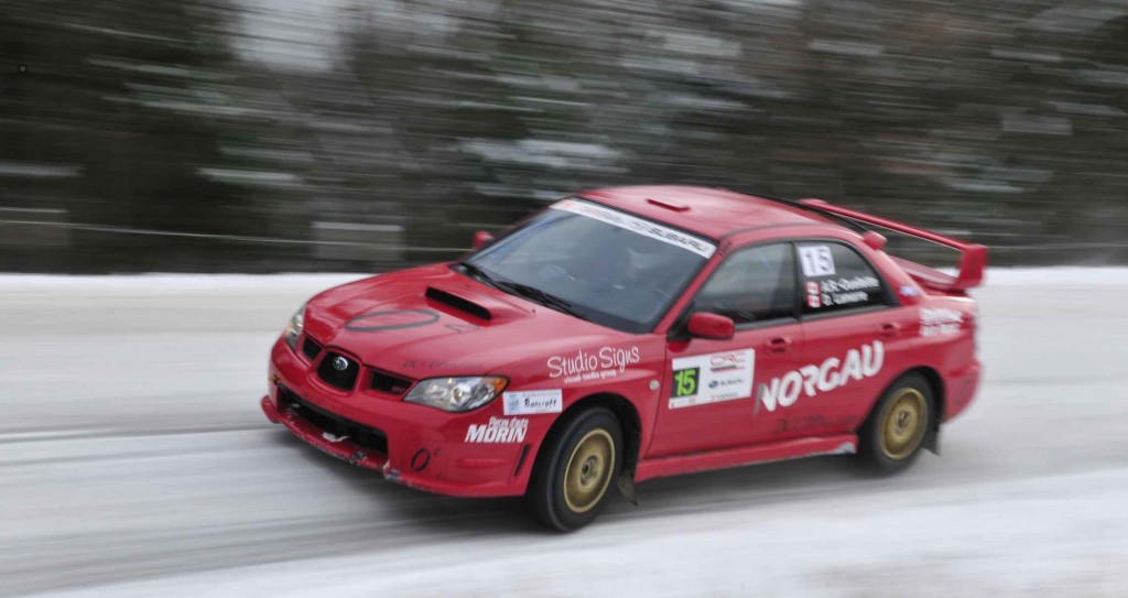 BANCROFT, Ont (30/11/2013) Alexandre Ouellette and David Lamarre rounding a corner at the Rally of the Tall Pines on a cold snowy Saturday afternoon. In their 2007 Subaru. The duo ended up withdrawing from the race. Photo by Thomas Surian.