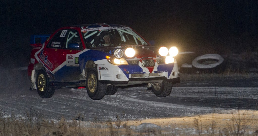 BANCROFT, Ont. [30/11/2013] Nick Mathew and co-driver Kelly Mathew take their 2005 Subaru WRX STI off a jump during the night stage at the 43rd annual Rally of the Tall Pines held on Saturday, Nov. 30, 2013 in Bancroft, Ont. Mathew finished 8th overall, with a 6th place finish in the National four-wheel open competition, and a second place finish in the Regional four-wheel open competition. Photo by Kaitlin Abeele