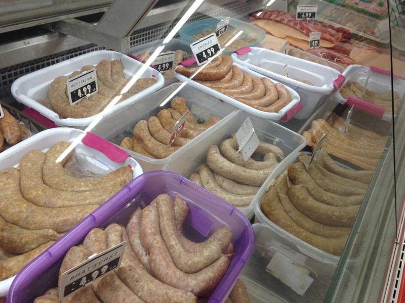 Sausages on display at Gilmour's Meat Shop and Deli. Photo by James Gaughan