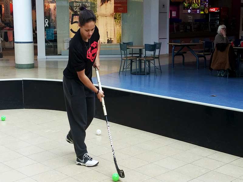 Canadian Under-19 Women's Floorball player Livy Greaves shows off her stickhandling abilities at the Quinte Mall during a fundraiser event last Saturday. Photo by Matthew Murray, QNet News