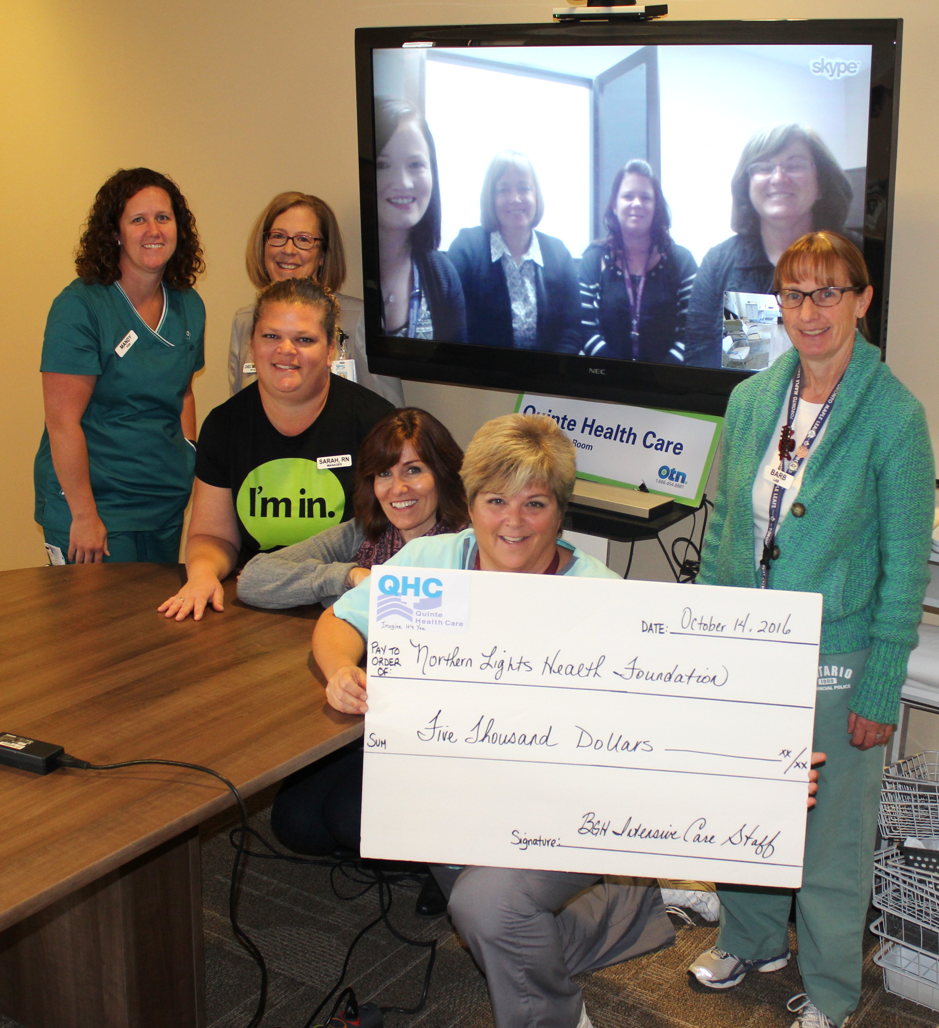 ICU nurses at Belleville General Hospital revealed the $5,000 cheque over Skype to the Northern Lights Health Foundation team and nurses. Photo courtesy of Belleville General Hospital