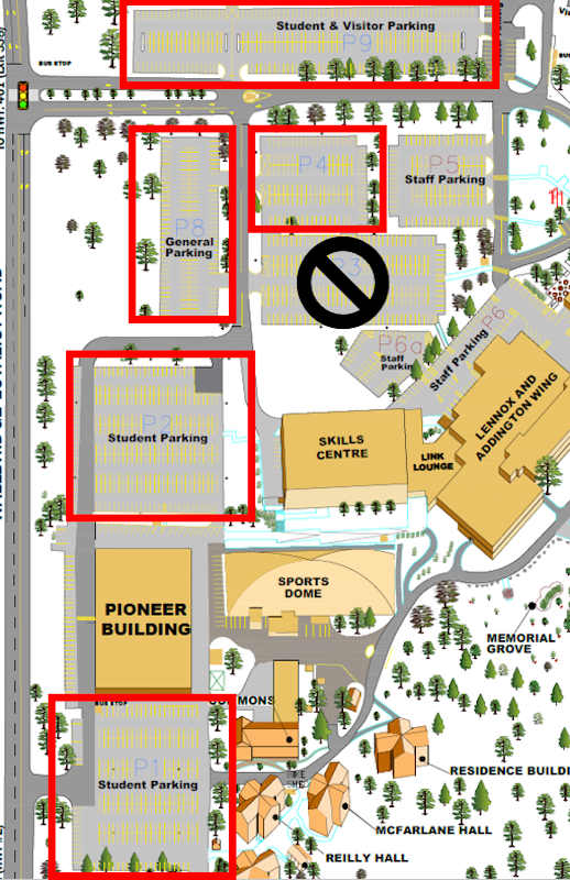 Parking lot map showing the parking lots affected by construction on campus.