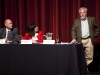 BELLEVILLE, Ont. (26/09/11) - Family Coalition Party of Ontario candidate Neal Ford and incumbent Liberal for Prince Edward-Hastings Leona Dembrowsky look on as Green Party candidate Treat Hull speaks at the all-candidates debate at the Empire Theatre in Belleville on Monday, Sept. 26, 2011. Six of the seven candidates for the riding were at the debate hosted by the Belleville and District Chamber of Commerce to discuss their plans for Ontario in advance of the provincial election on October 6. Photo by Rachel Psutka.