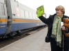 BELLEVILLE, ONT. (04/08/11) - Donna Mcpherson came to Belleville train station to see Green party leader Elizabeth May on he whistle stop tour. Mcpherson made the bear in her arms for Elizabeth and hung around its neck the keys to parliament. Photo by Kristen Haveman