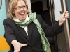BELLEVILLE, Ont. (04/08/2011) - Elizabeth May makes a quick stop off the train to speak to Green party supporters at the Belleville train station. It was a whirlwind stop where she recieved a donation a teddy bear and much support.