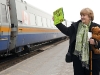 BELLEVILLE, ONT. (04/08/11) - Donna Mcpherson came to Belleville train station to see Green party leader Elizabeth May on he whistle stop tour. Mcpherson made the bear in her arms for Elizabeth and hung around its neck the keys to parliament. Photo by Kristen Haveman