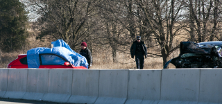 TRENTON, Ont (06/02/2012) â Eastbound traffic on Highway 401 has been stopped after a head-on collision at 9:50 a.m. between Aikins Road and Glen Miller Road left two dead. Police remain on scene, no charges have been laid. Photo By: Liam Kavanagh-Bradette