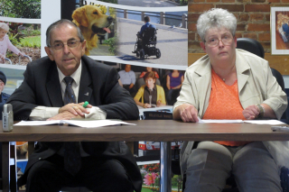 BELLEVILLE, On. (09/21/11) Garnet Thompson, chair of Belleville's Accessibility Advisory Committee (left), and Karen Kitchen, co-chair (right), announced Rick Hansen would be coming to Belleville October 31 as part of the 25th Anniversary Rick Hansen Relay. Photo by Renee Rodgers.