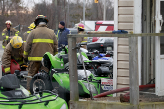 TRENTON, ONT. (02/03/12) Quinte West's Fire Department were busy first thing this morning over at Runway Sports on Aikins road, Trenton, the store went up in flames around 6 a.m. but firefighters had the flames out within 20 minutes. Damages are extensive to the interior of the store, and no injuries were reported. Photograph by Kelly GagnÃ©
