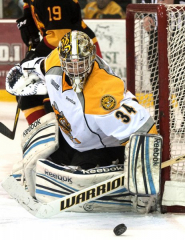 BELLEVILLE, ONT. (01/ 28/12) - Sarnia Sting goalie JP Anderson prepares to block a shot from the Belleville Bulls during a game at the Yardmen Arena on Saturday night, Jan. 28, 2012. The Bulls won 5-4 after the game was decided in a shoot out. Photo by Marta Iwanek.