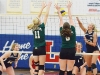 Durham Lords Nicole Riedstra (11) and Alexis Roddau (6) block a spike from Lancer Jenny Richardson (13) while Leighann Bishop (14) and Sherene Einarsson (1) look on. 
Photo by Taylor Renkema