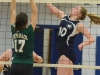 Lancer Kristen Curtis (10) tips the ball while Durham's Natasha Jakovljevic (17) blocks. 
Photo by Taylor Renkema