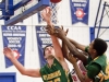 BELLEVILLE, Ont (31/01/12) - Brandon Chambers and Alex Holland of the Fleming Knights and Kevin Owusu of the Loyalist Lancers battle for the rebound during the men's basketball game held at Loyalist College.  The Knights won 79-72.  Photo by Melchizedek Maquiso.