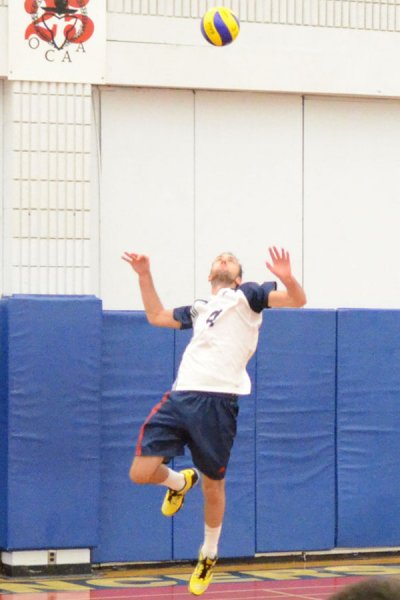Mens volleyball captain Matt Woods launches for a serve during Wednesday night's match against Durham.
Photo by Taylor Renkema