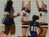 Loyalist's LeeAnne Jeffs (12) and Amy Parker (9) look to block a spike from George Brown. The Lancers swept the Huskies 3-0. Photo by Taylor Renkema.